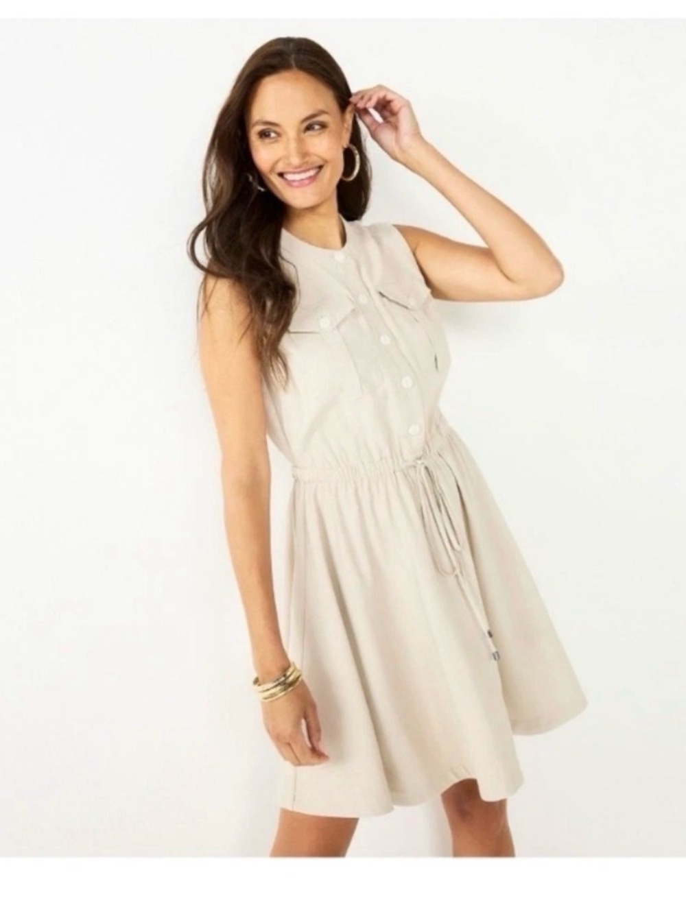 Nine West Drawstring Shirt Dress in Light Beige